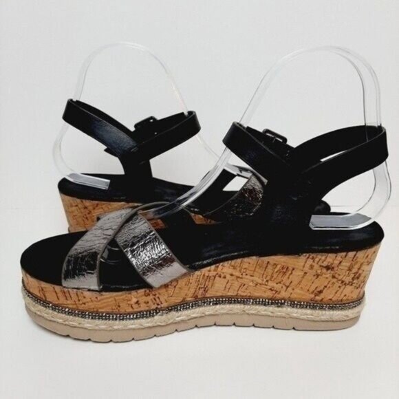 LORA FERRES Patform Wedge Sandals Strappy Black & Silver Sz Eur 38 | US 8 - Picture 10 of 12
